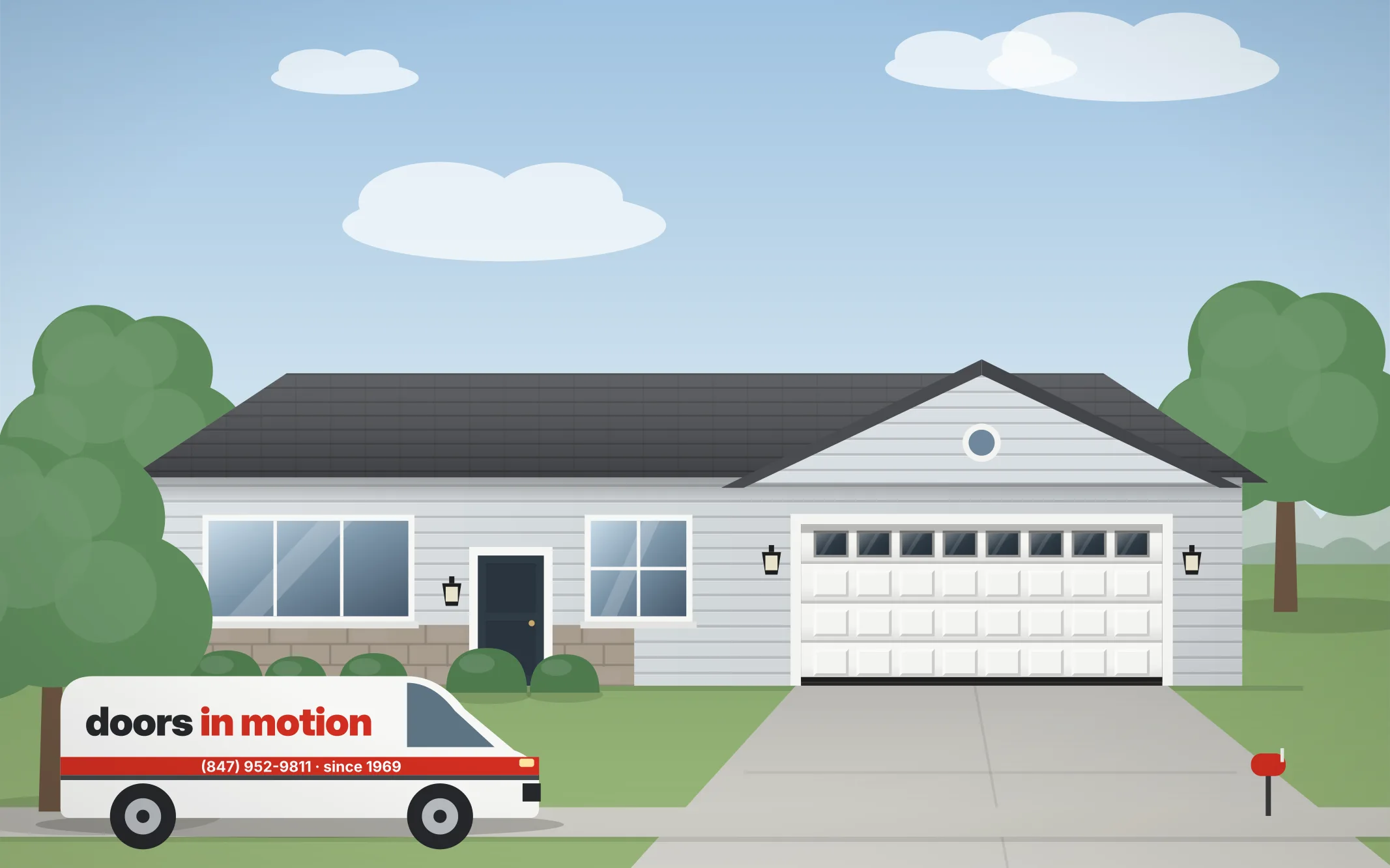 Doors in Motion service van at a customer home (illustration)