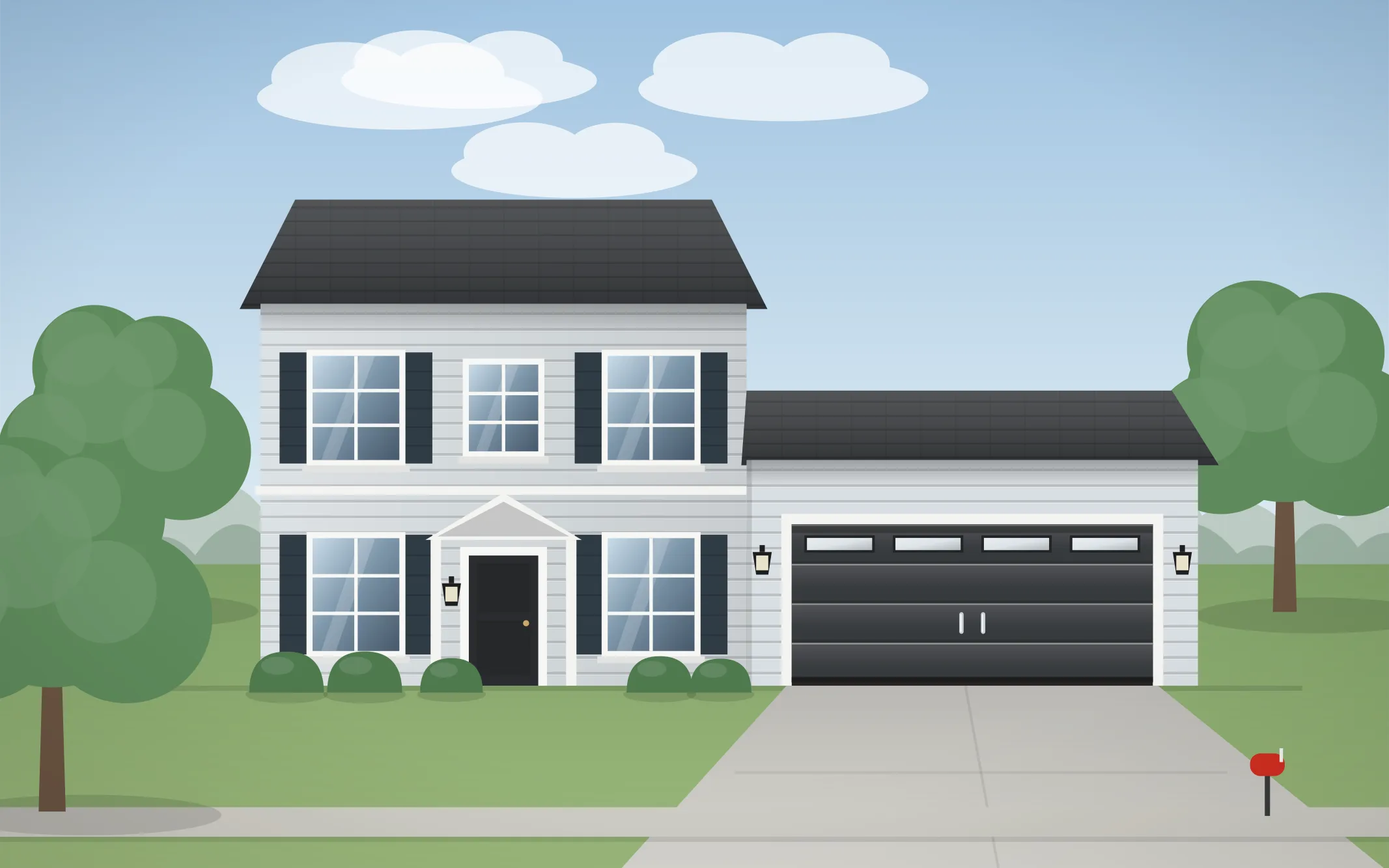 Illustration of a two-story colonial home with a charcoal modern garage door in Addison, IL
