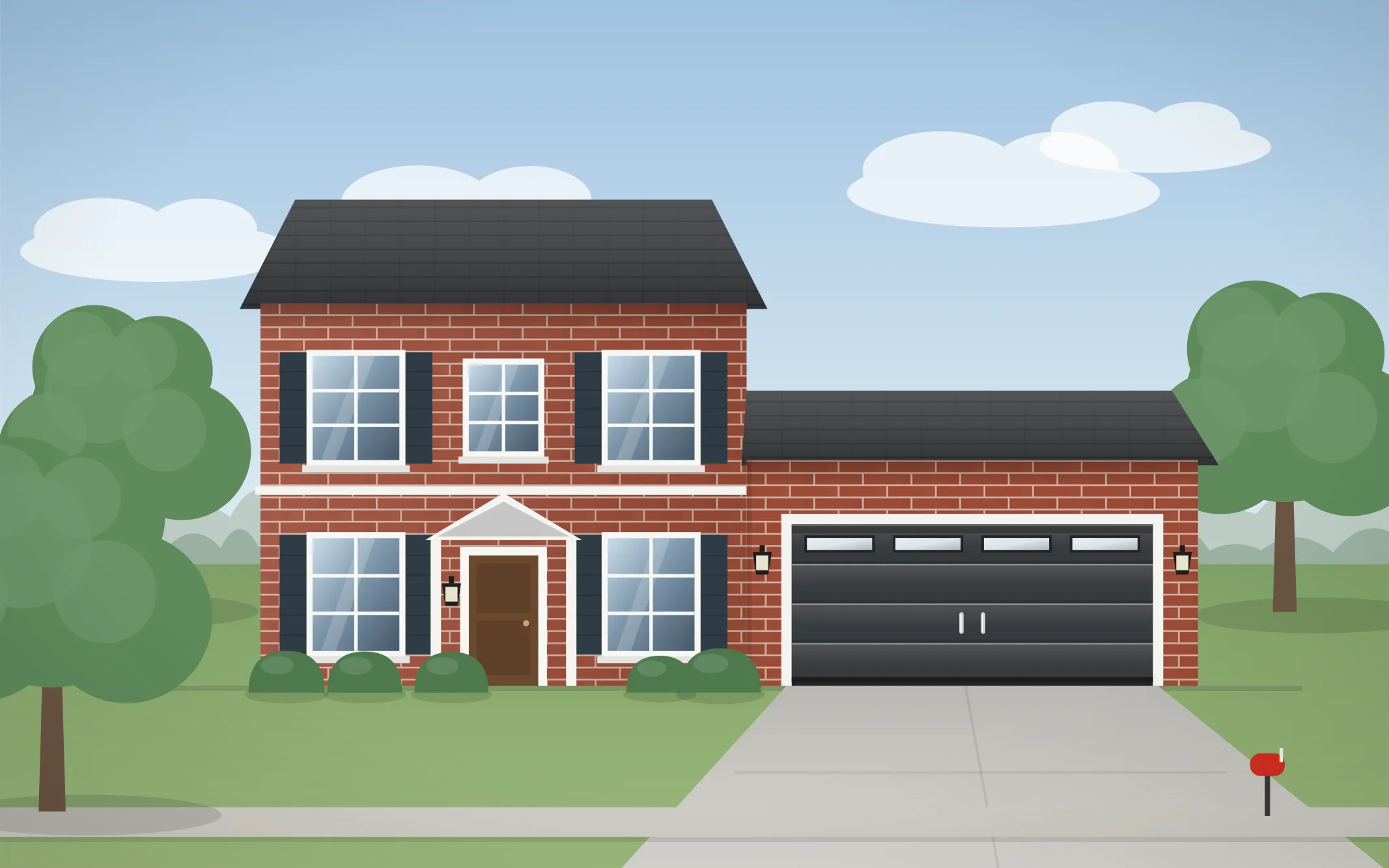 Illustration of a two-story colonial home with a charcoal modern garage door in Algonquin, IL