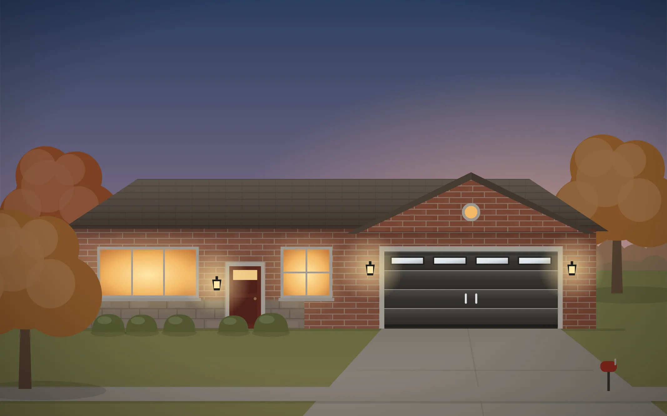 Illustration of a ranch-style home with a charcoal modern garage door in Arlington Heights, IL