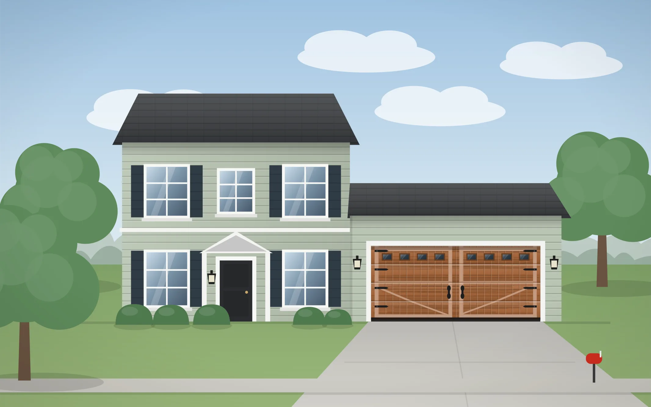 Illustration of a two-story colonial home with a cedar carriage-house garage door in Aurora, IL