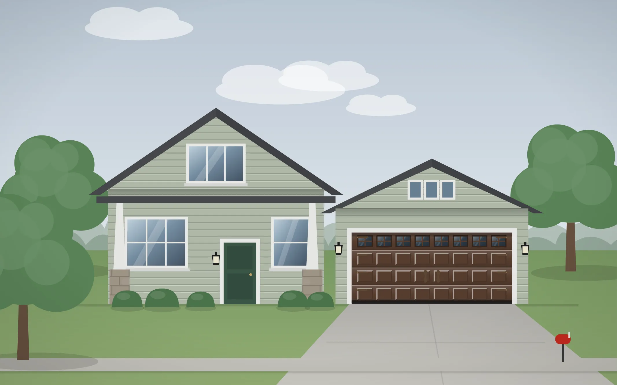 Illustration of a craftsman home with a brown raised-panel garage door in Barrington Hills, IL