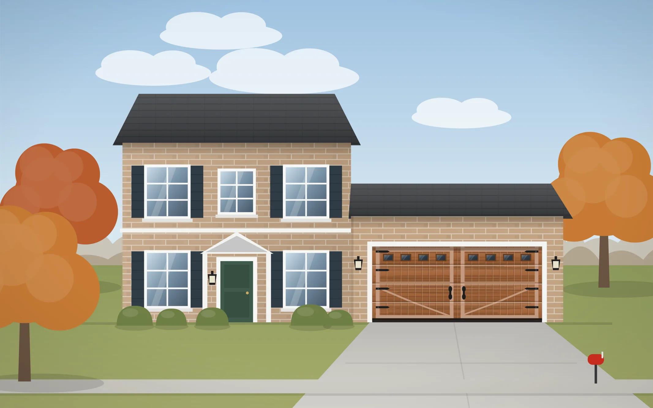 Illustration of a two-story colonial home with a cedar carriage-house garage door in Bartlett, IL