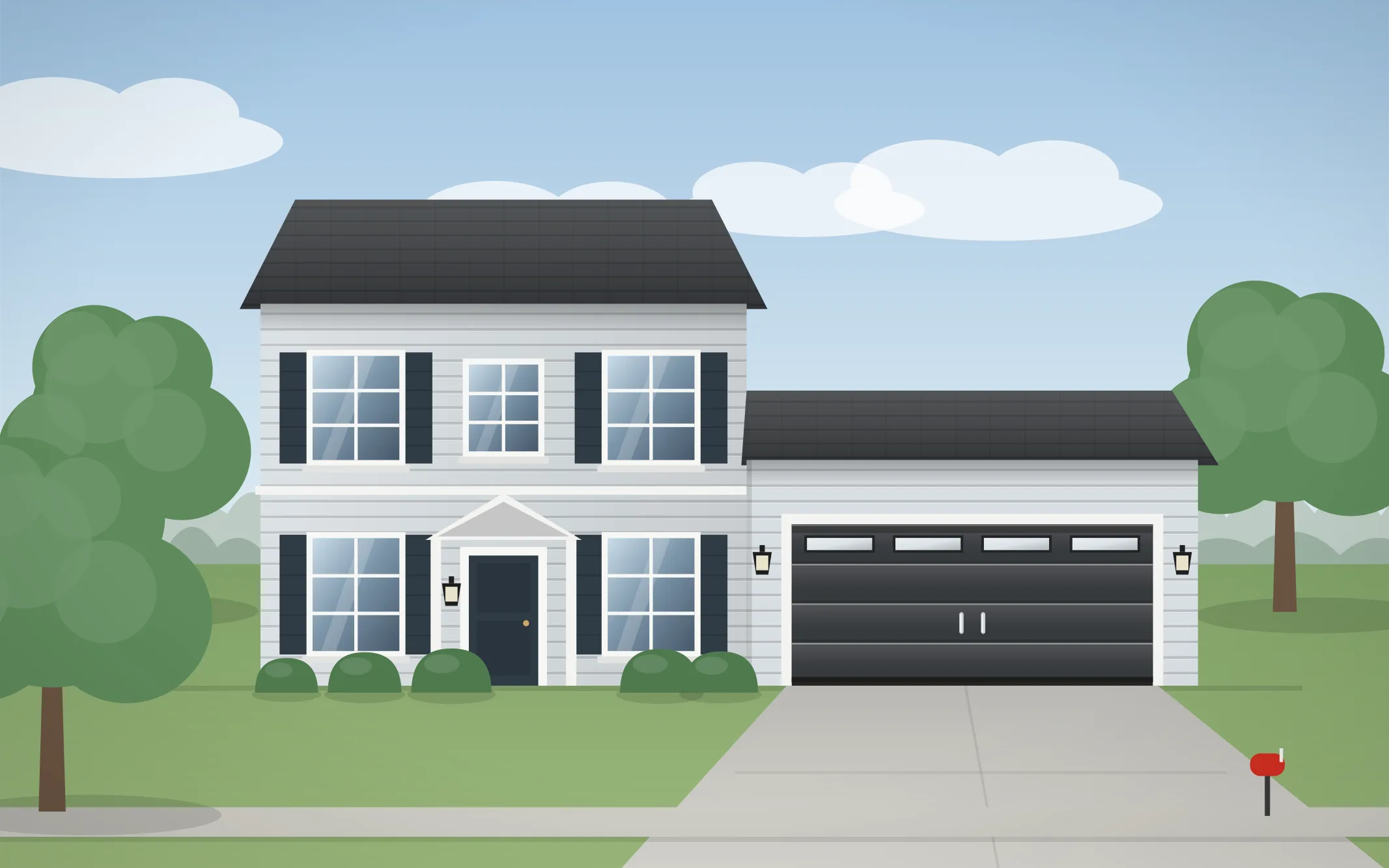 Illustration of a two-story colonial home with a charcoal modern garage door in Bolingbrook, IL