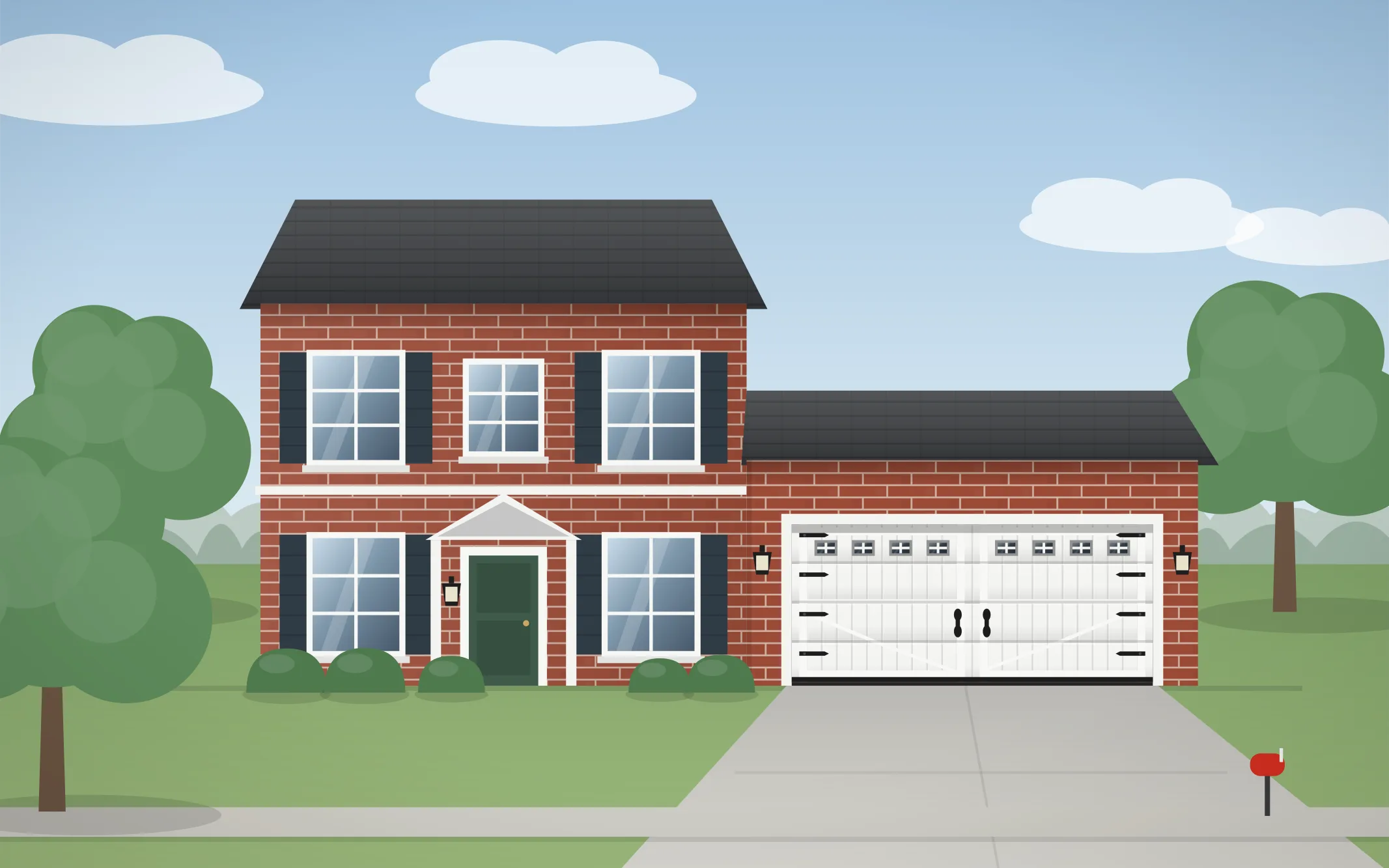 Illustration of a two-story colonial home with a white carriage-house garage door in Bridgeview, IL
