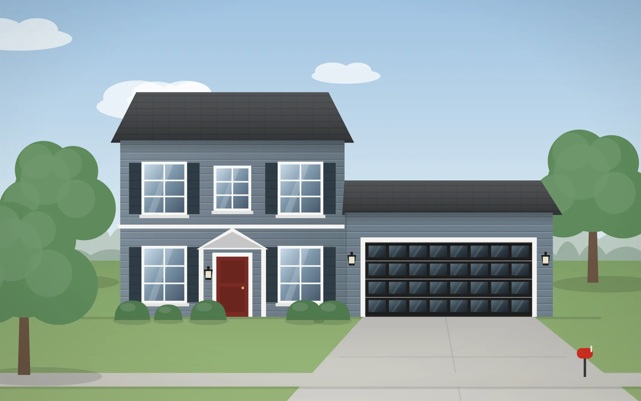 Illustration of a two-story colonial home with a black full-view glass garage door in Carol Stream, IL