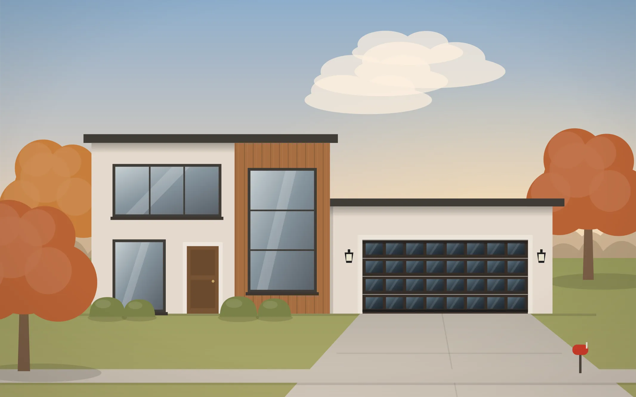 Illustration of a modern home with a black full-view glass garage door in Crystal Lake, IL