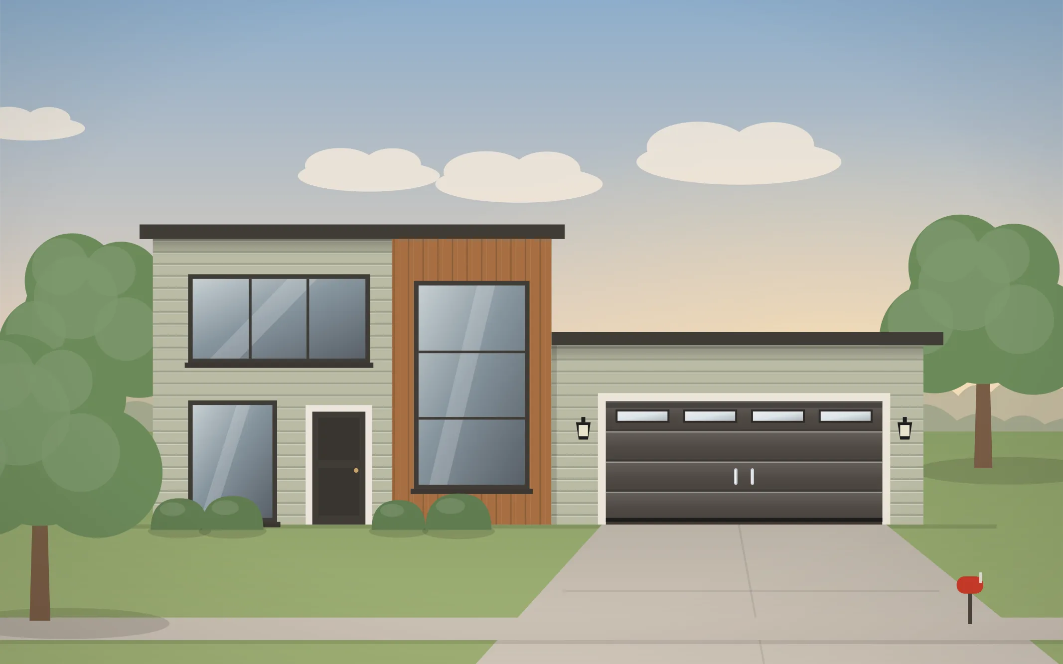 Illustration of a modern home with a charcoal modern garage door in Deerfield, IL