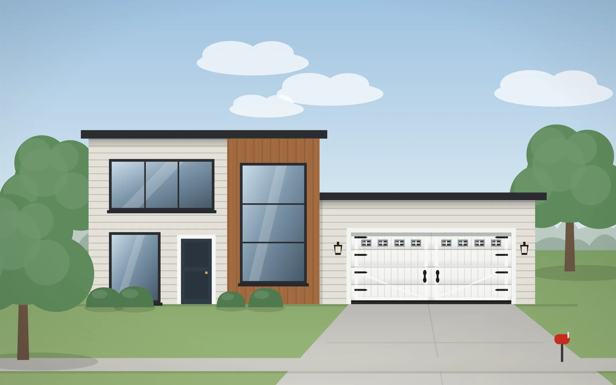 Illustration of a modern home with a white carriage-house garage door in Edgewood Grove, IL