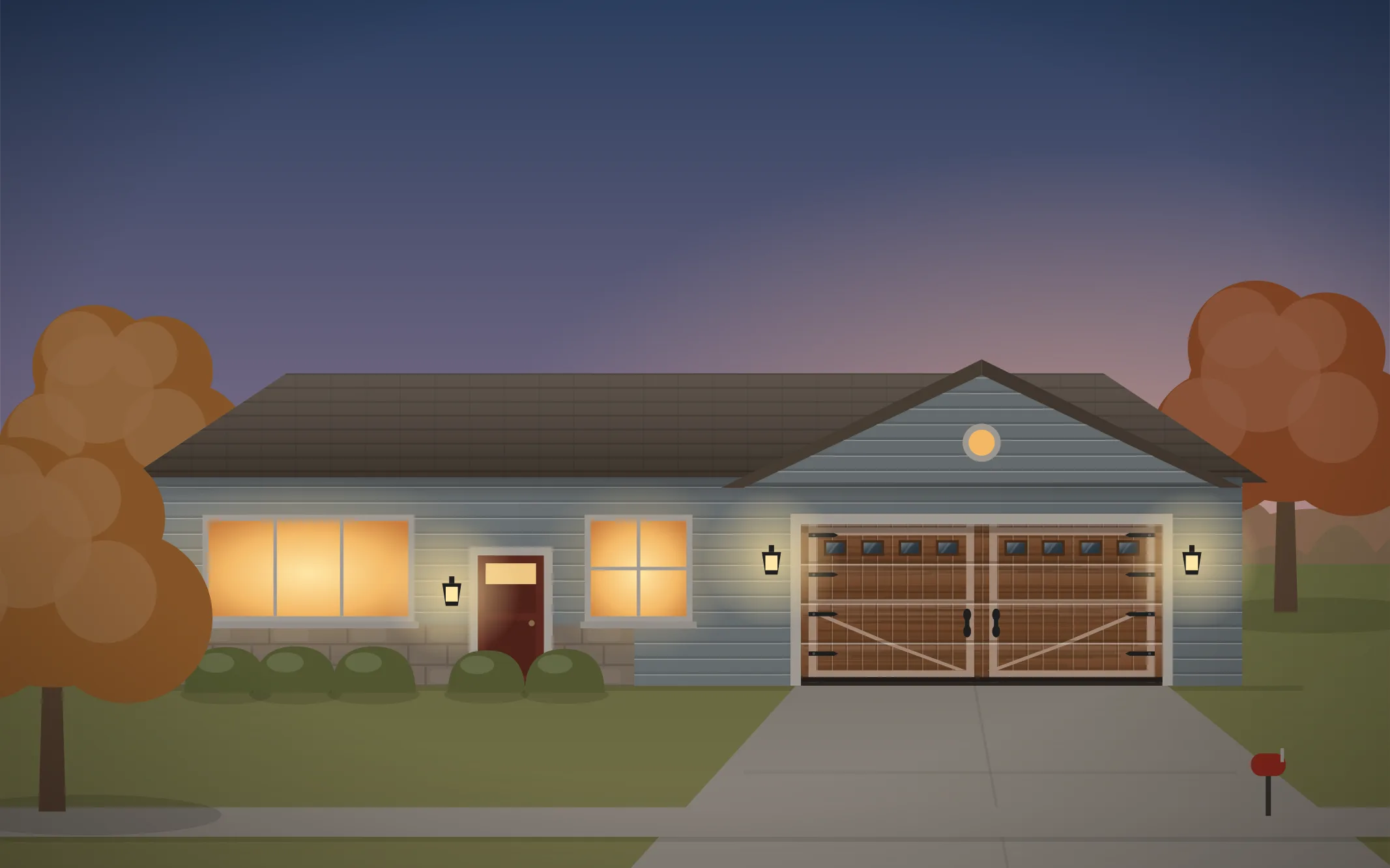 Illustration of a ranch-style home with a cedar carriage-house garage door in Elgin, IL