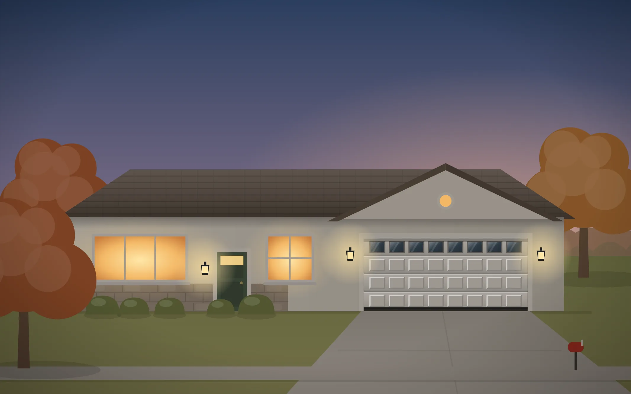 Illustration of a ranch-style home with a white raised-panel garage door in Elk Grove Village, IL