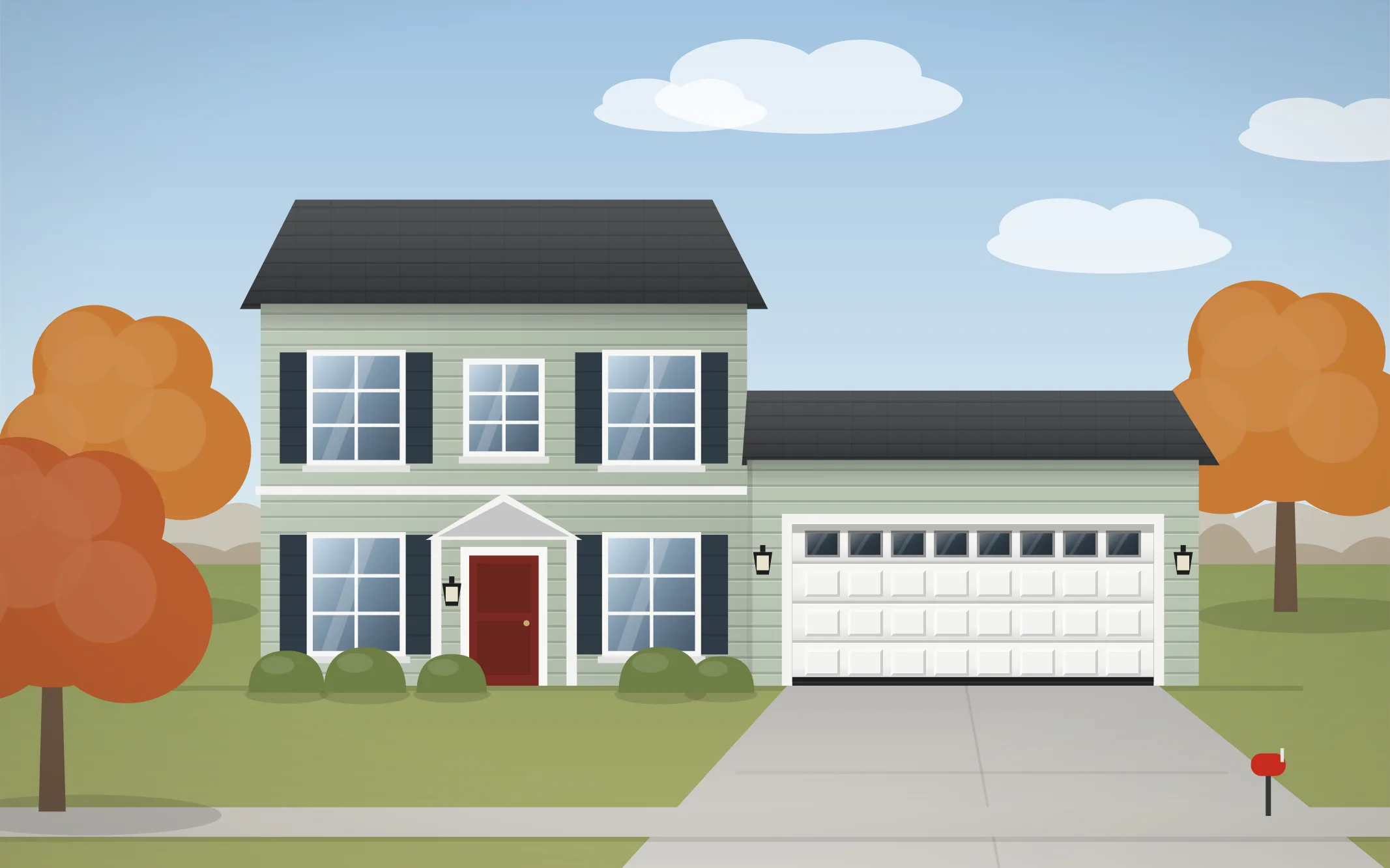 Illustration of a two-story colonial home with a white raised-panel garage door in Elmhurst, IL