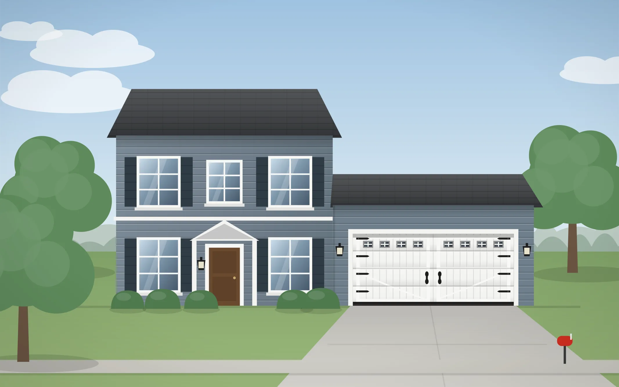 Illustration of a two-story colonial home with a white carriage-house garage door in Franklin Park, IL