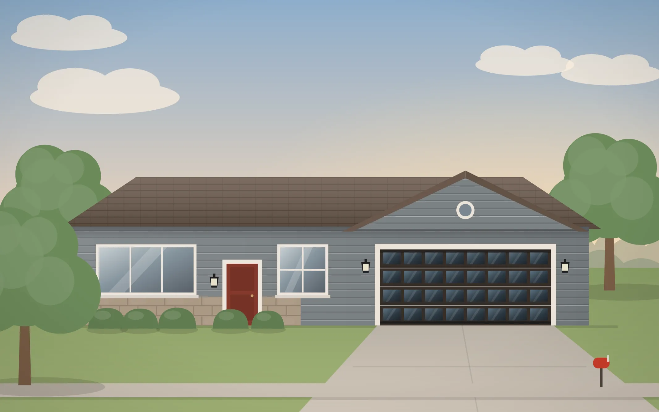 Illustration of a ranch-style home with a black full-view glass garage door in Garden Court, IL