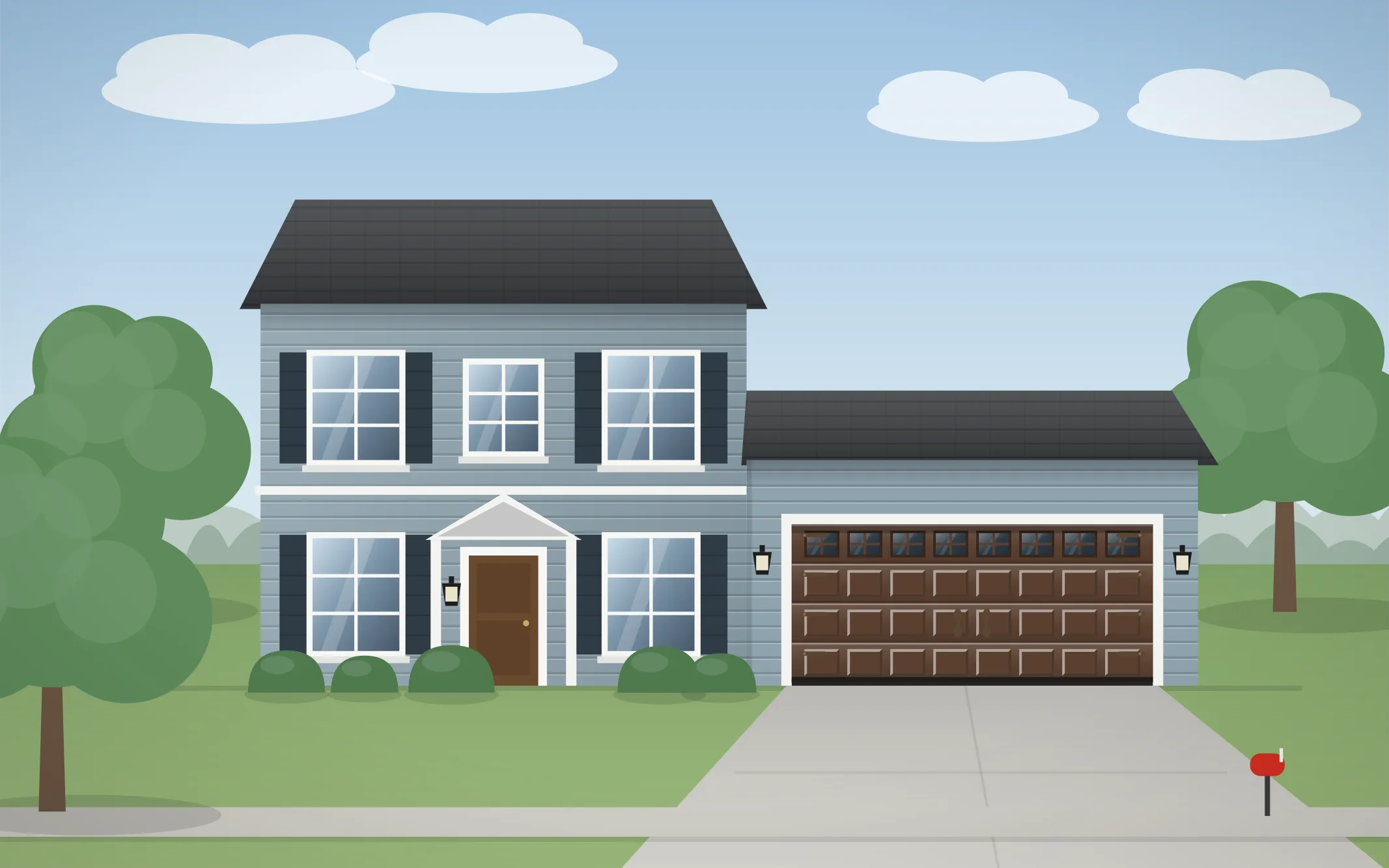 Illustration of a two-story colonial home with a brown raised-panel garage door in Gilberts, IL