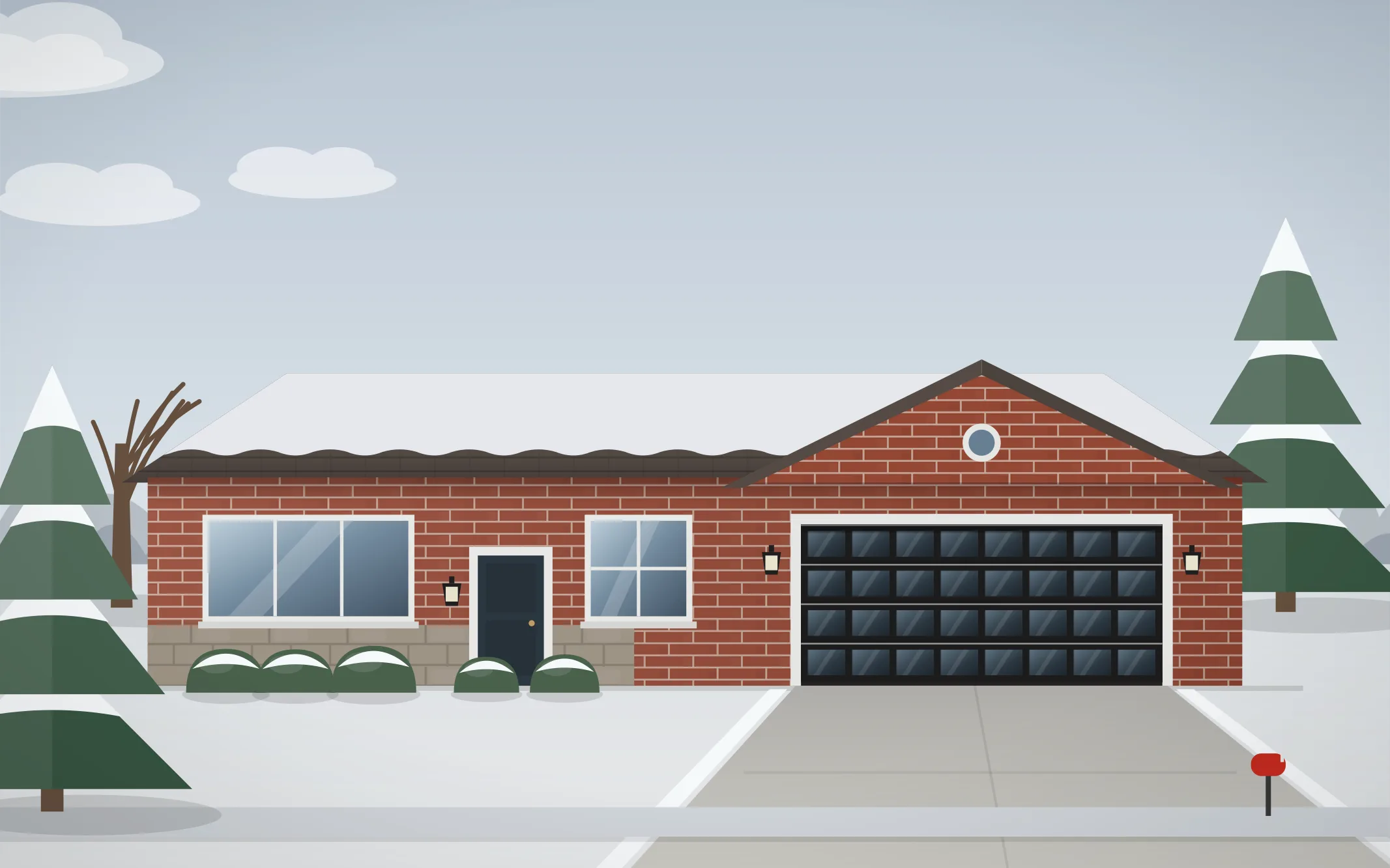 Illustration of a ranch-style home with a black full-view glass garage door in Hampshire, IL