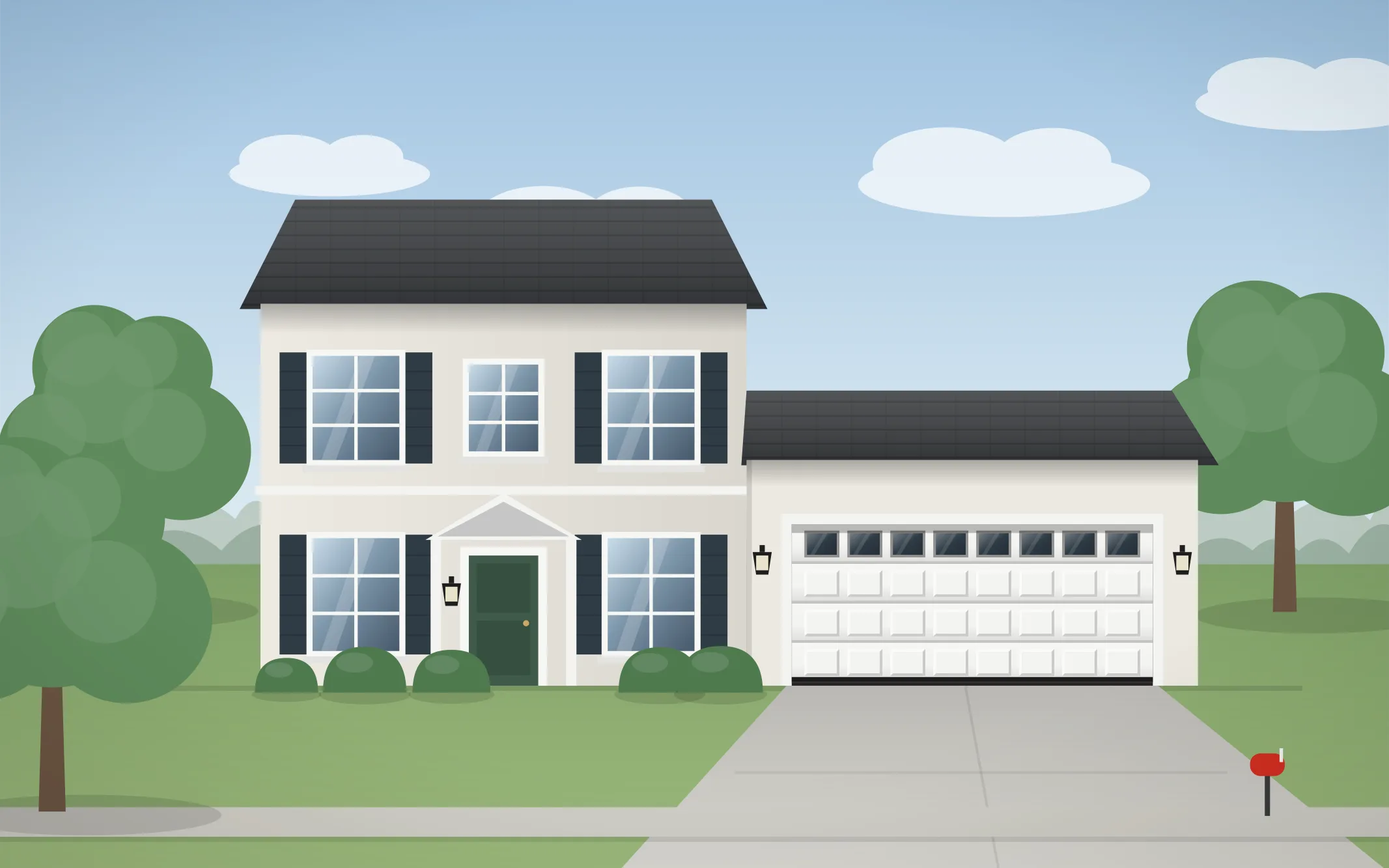 Illustration of a two-story colonial home with a white raised-panel garage door in Harmony, IL