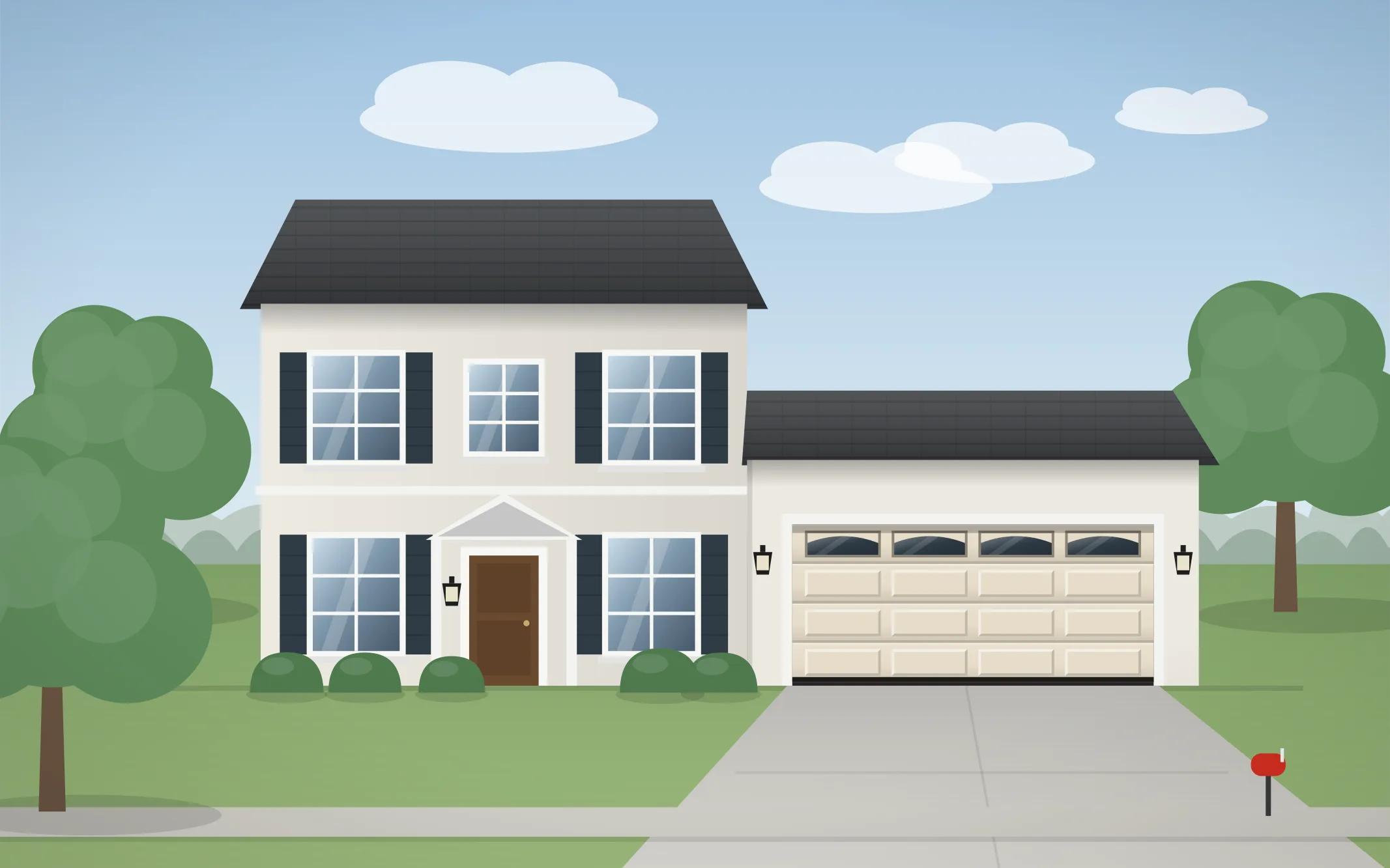 Illustration of a two-story colonial home with a almond long-panel garage door in Heathercrest, IL