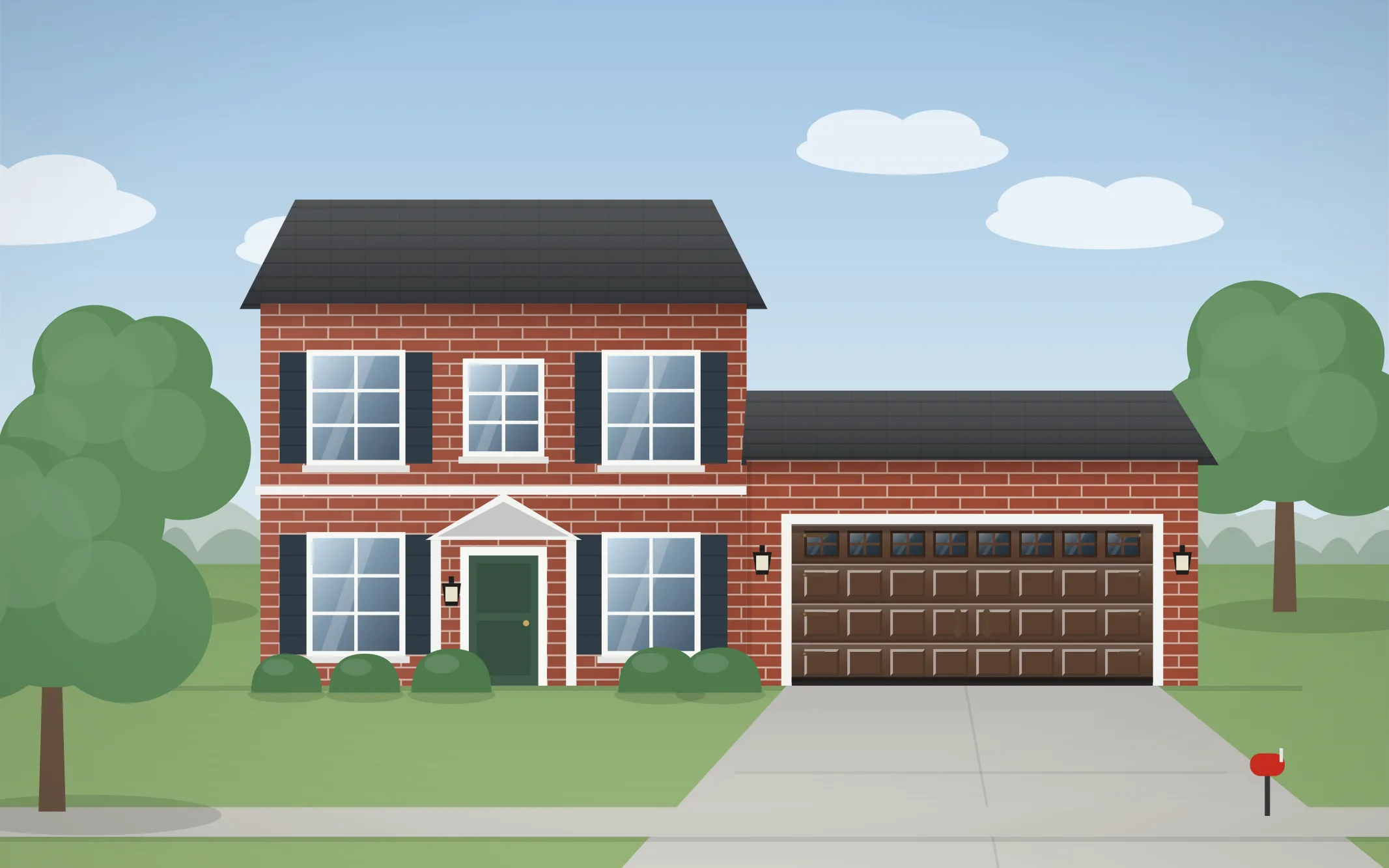 Illustration of a two-story colonial home with a brown raised-panel garage door in Hillside, IL