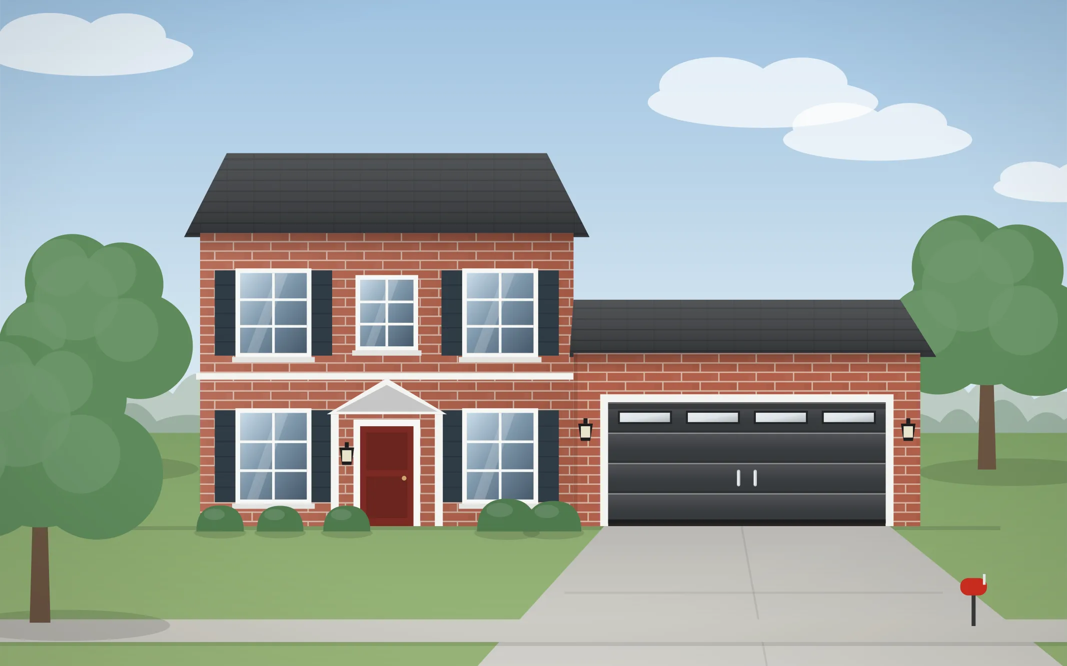 Illustration of a two-story colonial home with a charcoal modern garage door in Hinsdale, IL