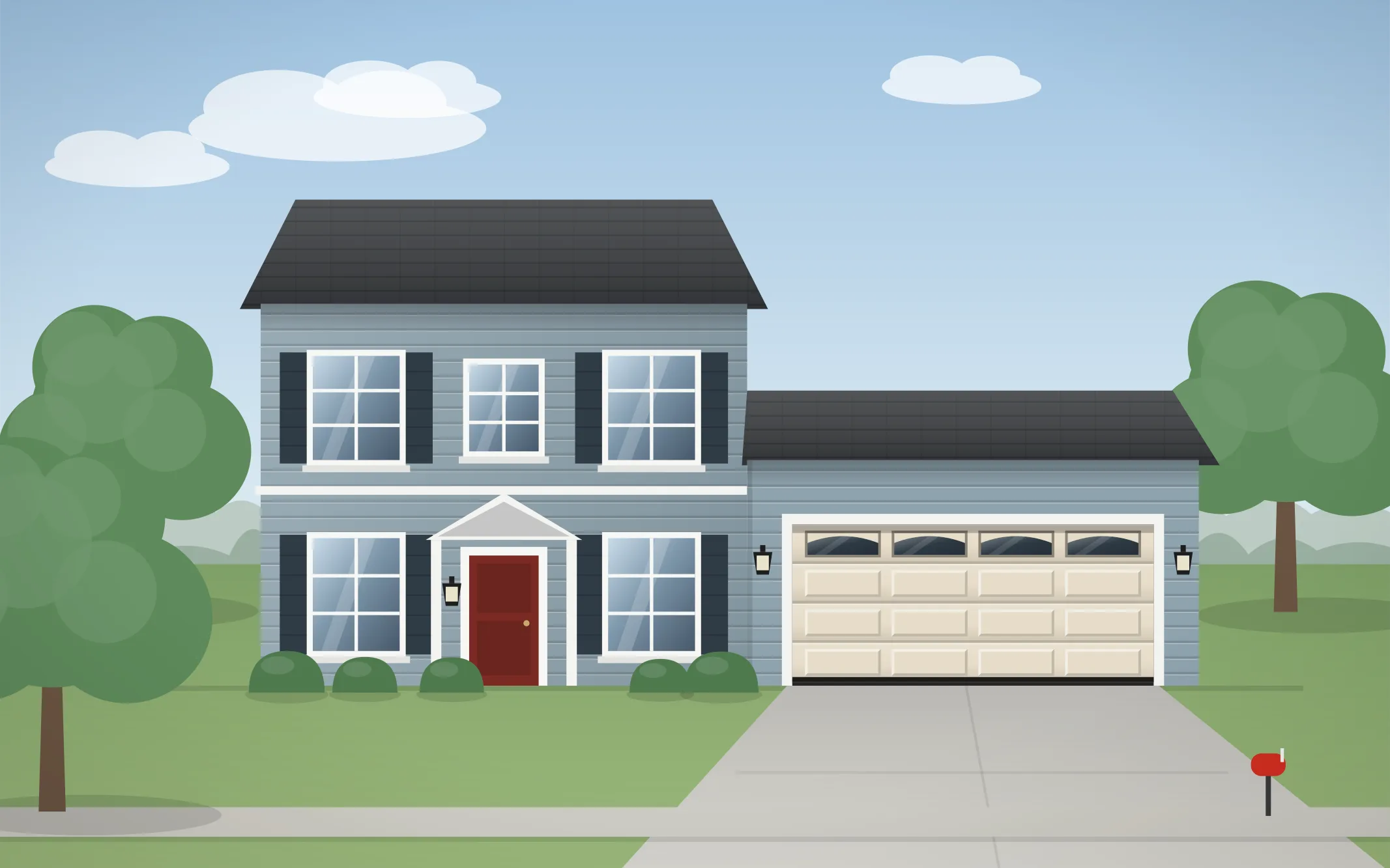 Illustration of a two-story colonial home with a almond long-panel garage door in Huntington, IL