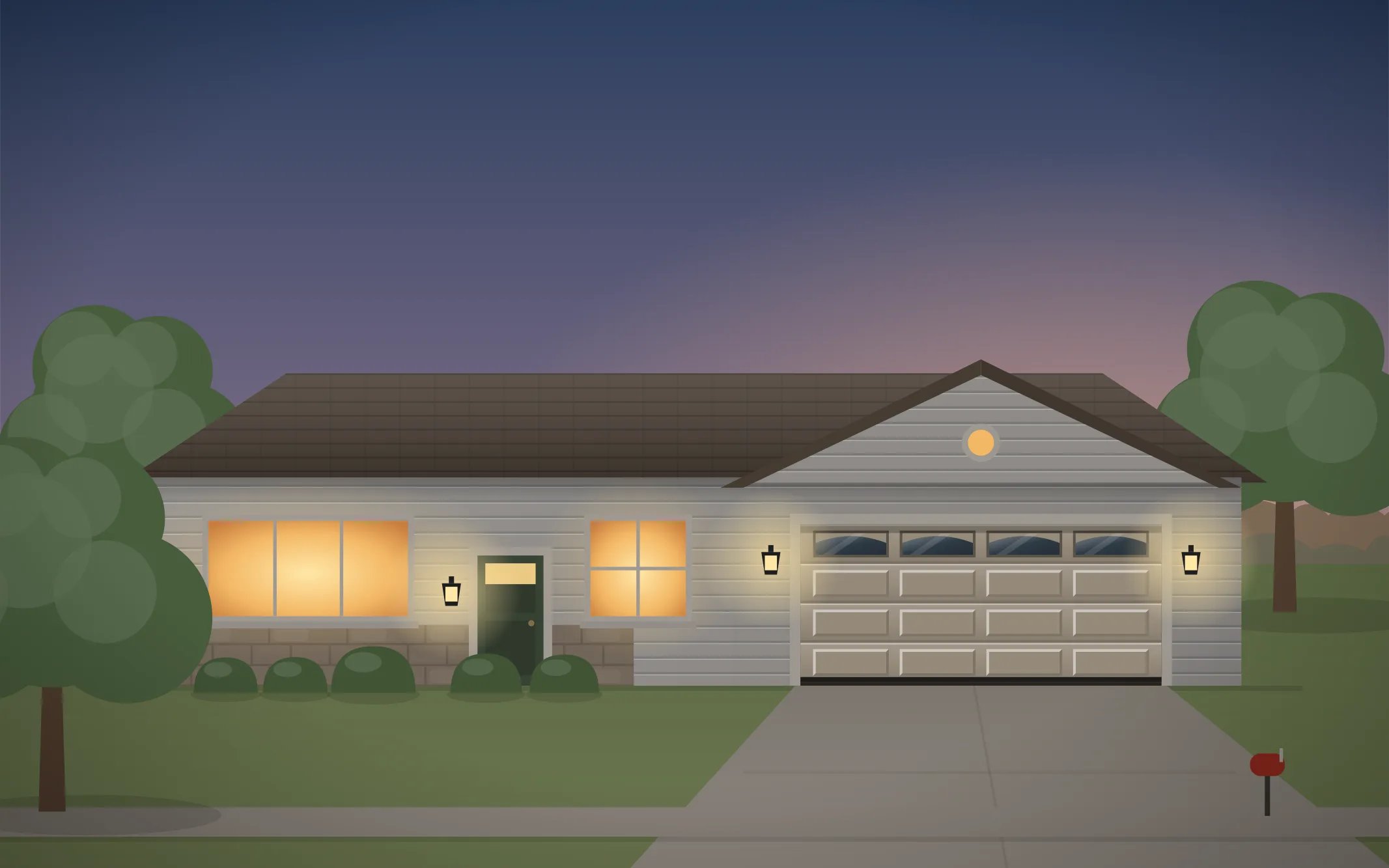 Illustration of a ranch-style home with a almond long-panel garage door in Huntley, IL