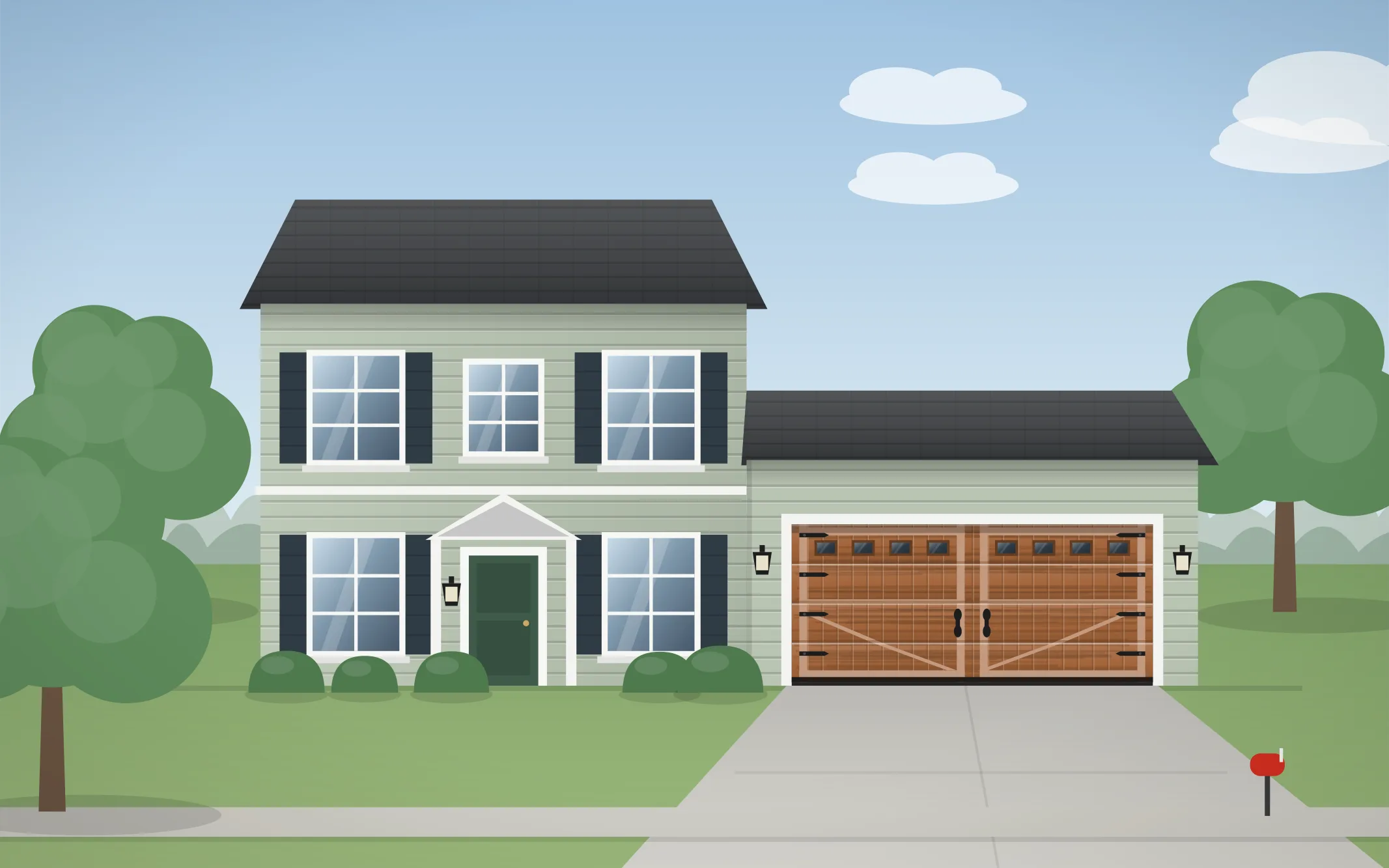 Illustration of a two-story colonial home with a cedar carriage-house garage door in Lake Barrington, IL