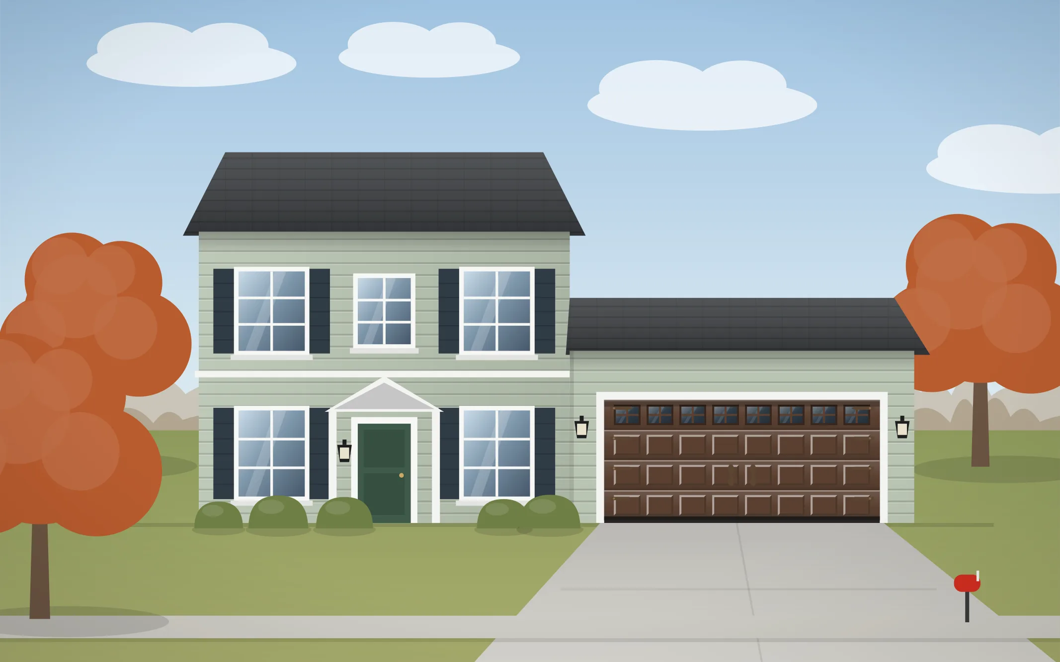 Illustration of a two-story colonial home with a brown raised-panel garage door in Melrose Park, IL