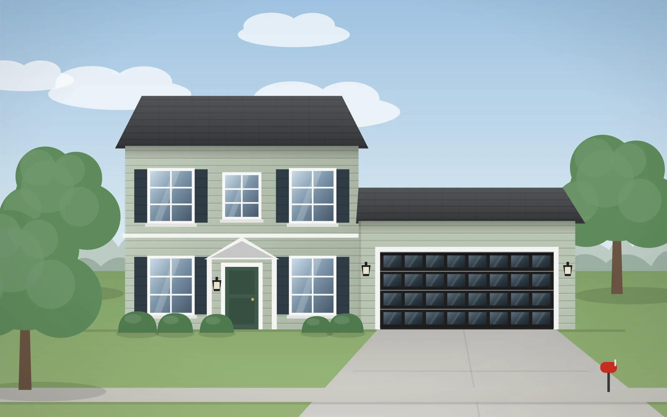 Illustration of a two-story colonial home with a black full-view glass garage door in Mount Prospect, IL