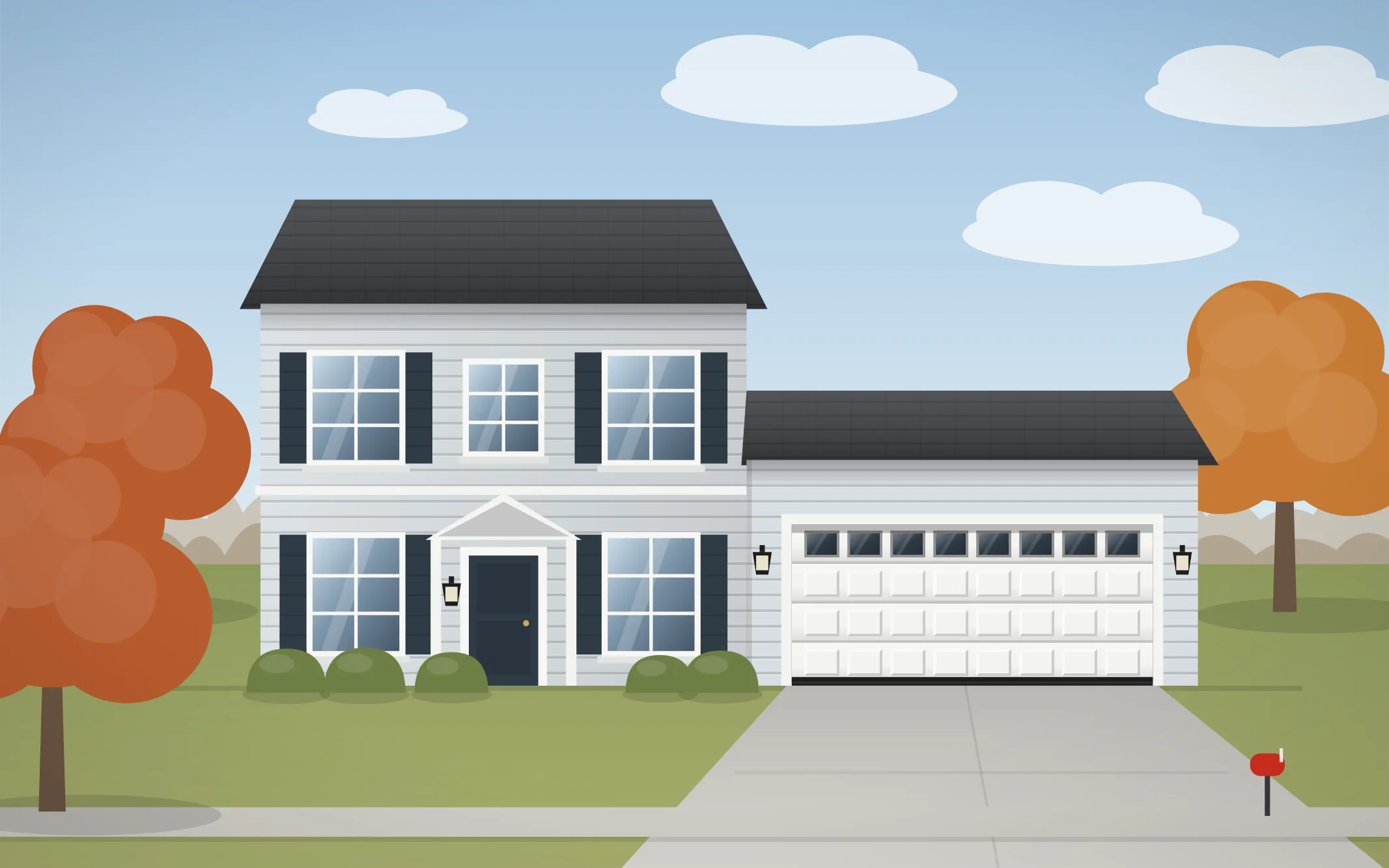Illustration of a two-story colonial home with a white raised-panel garage door in Naperville, IL
