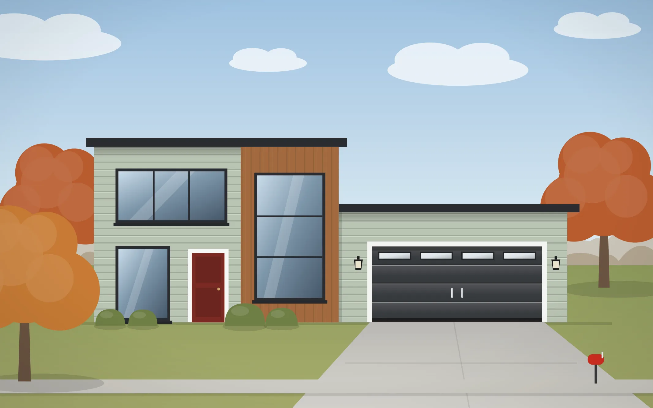 Illustration of a modern home with a charcoal modern garage door in Palatine, IL