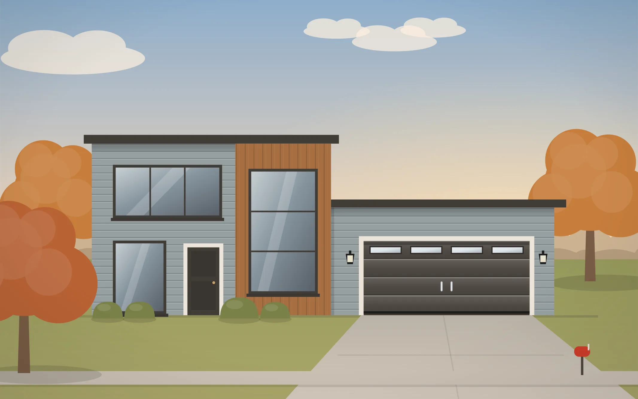 Illustration of a modern home with a charcoal modern garage door in Park Ridge, IL
