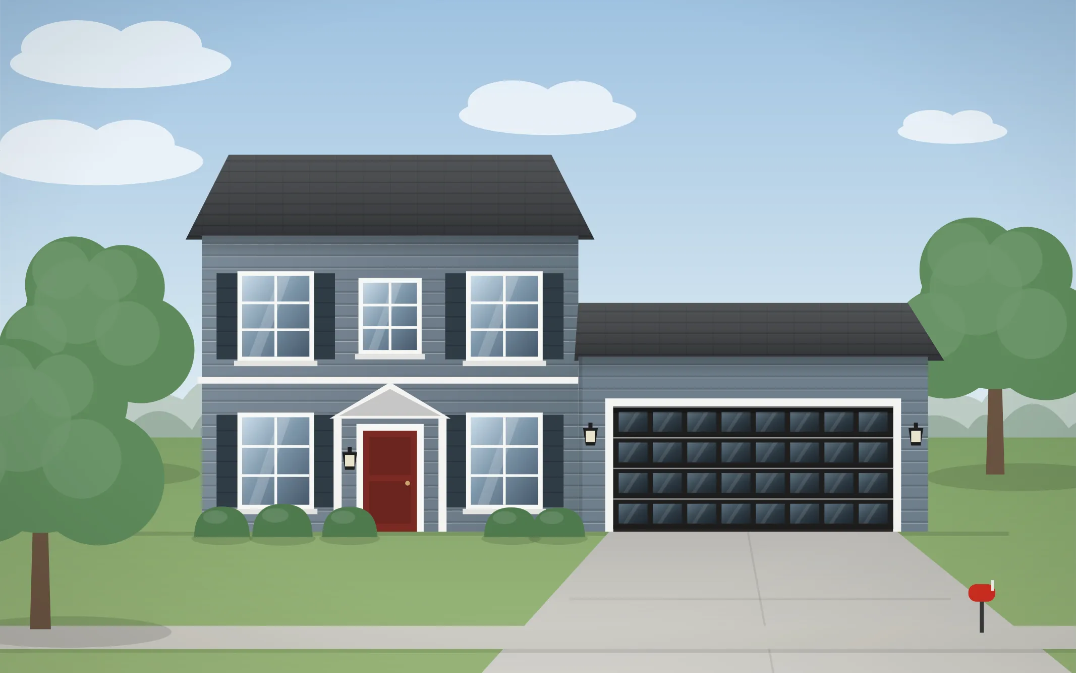 Illustration of a two-story colonial home with a black full-view glass garage door in Pingree Grove, IL