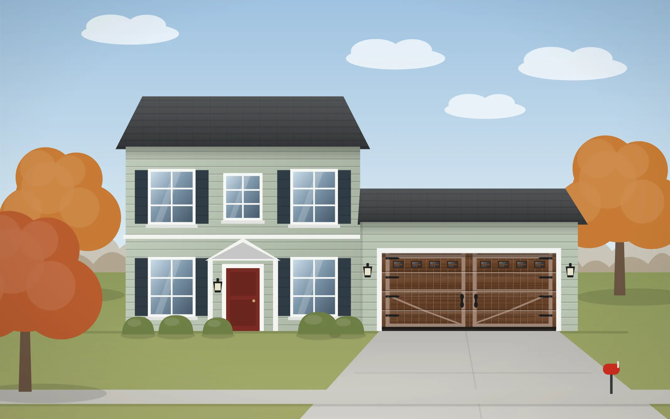 Illustration of a two-story colonial home with a walnut carriage-house garage door in Prairie Grove, IL
