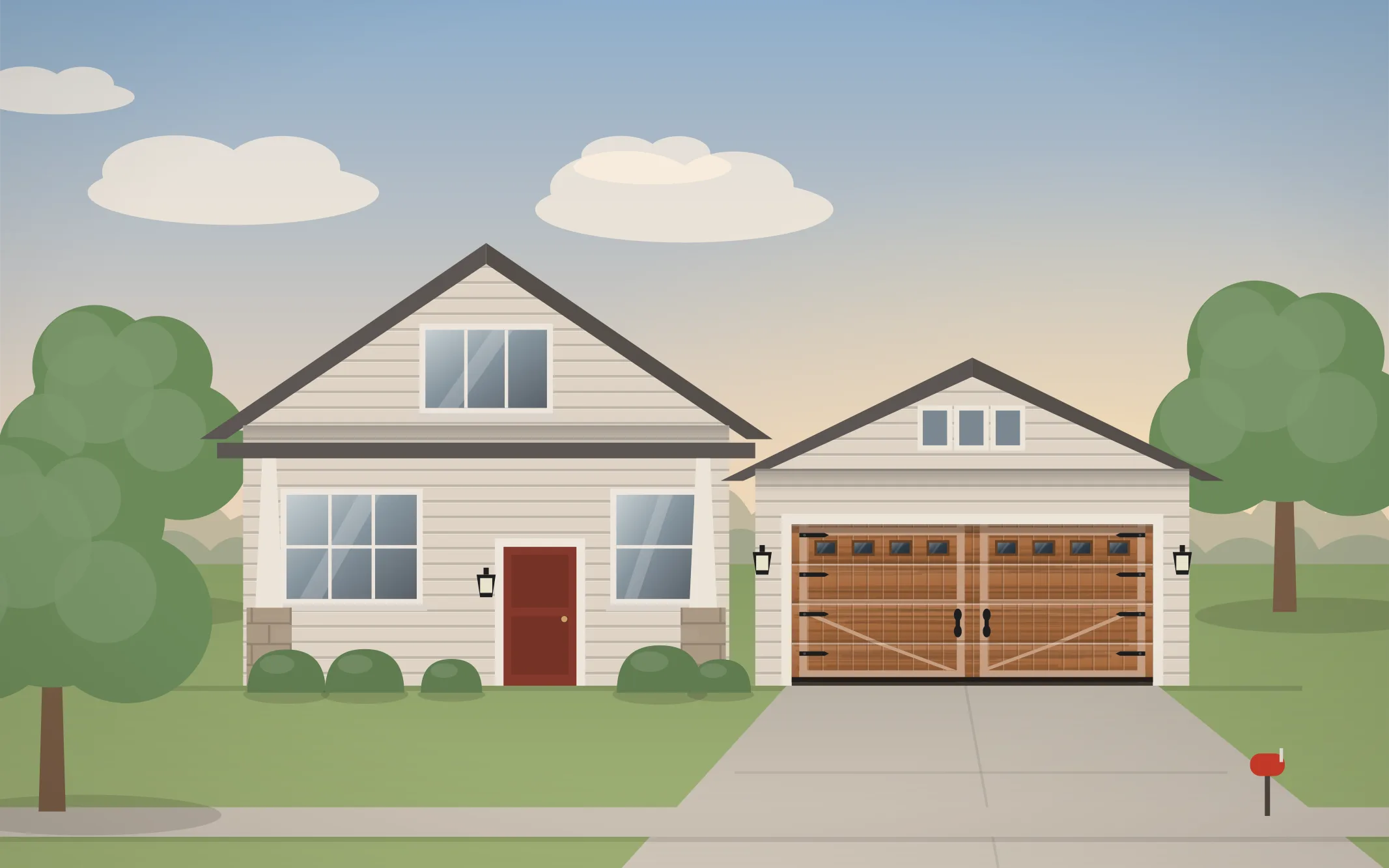 Illustration of a craftsman home with a cedar carriage-house garage door in Ridgefield, IL