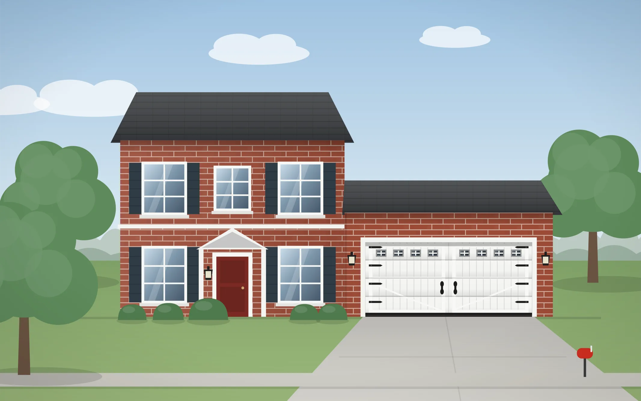 Illustration of a two-story colonial home with a white carriage-house garage door in Rolling Meadows, IL