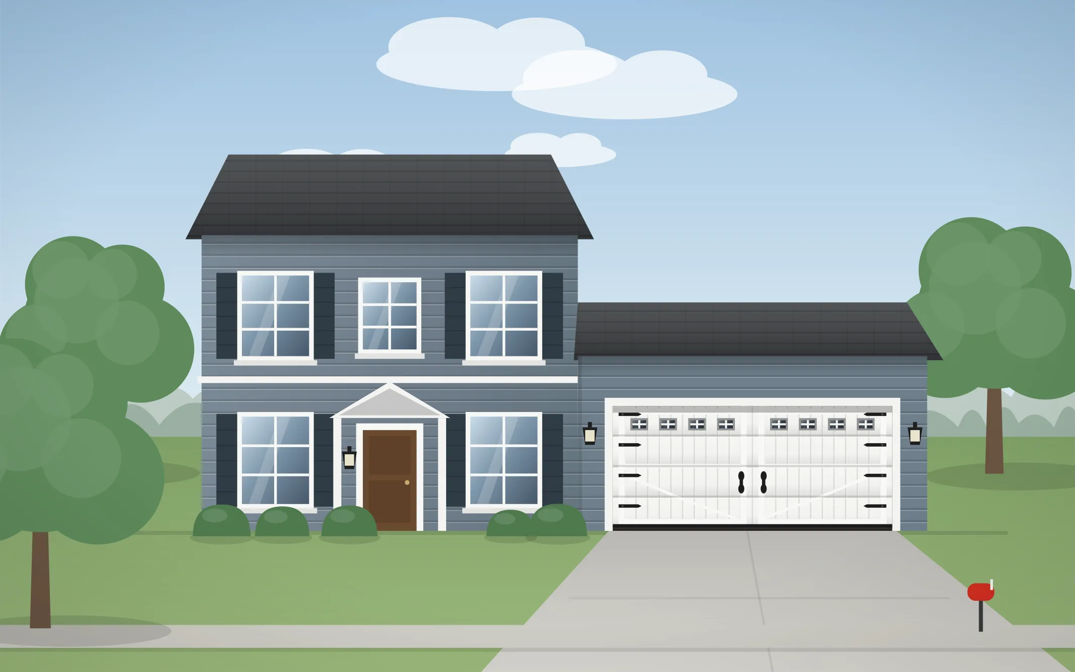 Illustration of a two-story colonial home with a white carriage-house garage door in Roselle, IL
