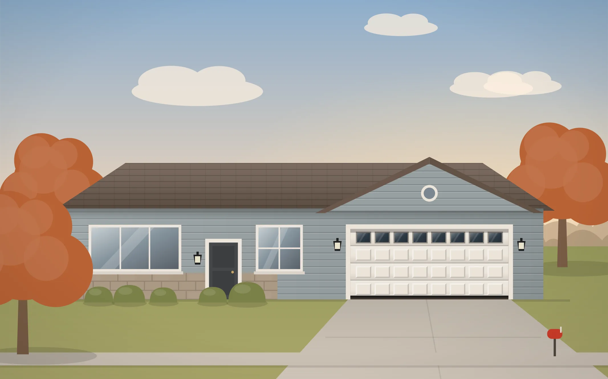 Illustration of a ranch-style home with a white raised-panel garage door in Schiller Park, IL