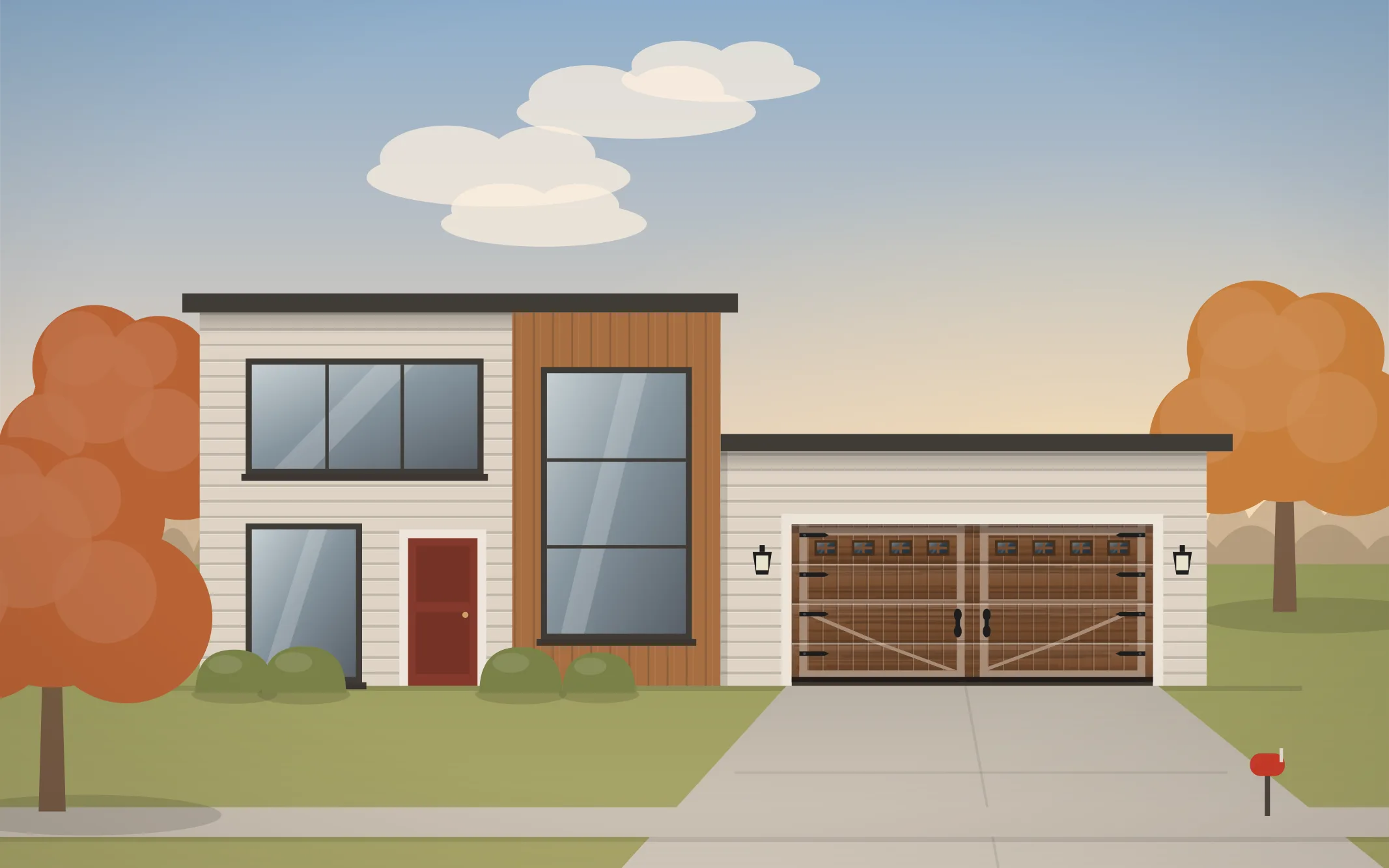 Illustration of a modern home with a walnut carriage-house garage door in Starks, IL