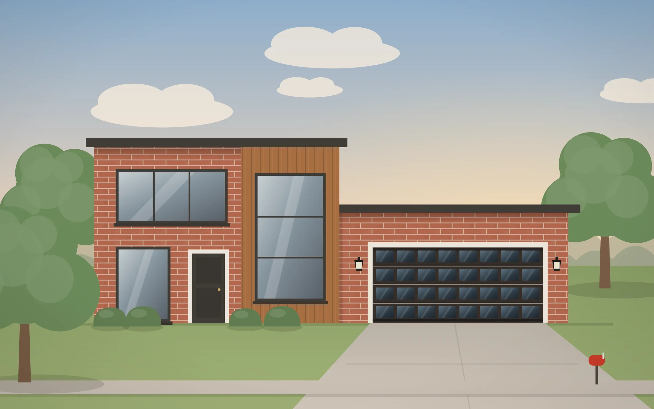 Illustration of a modern home with a black full-view glass garage door in Sugar Grove, IL