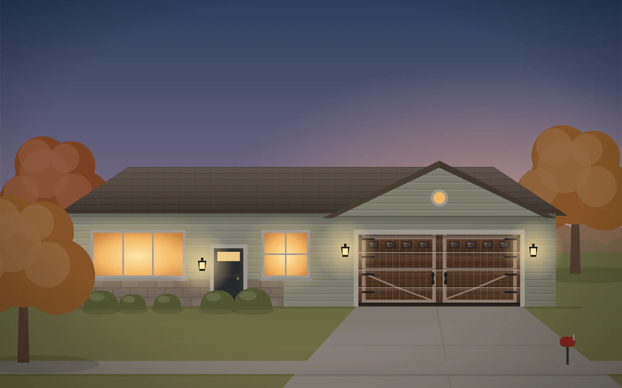 Illustration of a ranch-style home with a walnut carriage-house garage door in Villa Park, IL