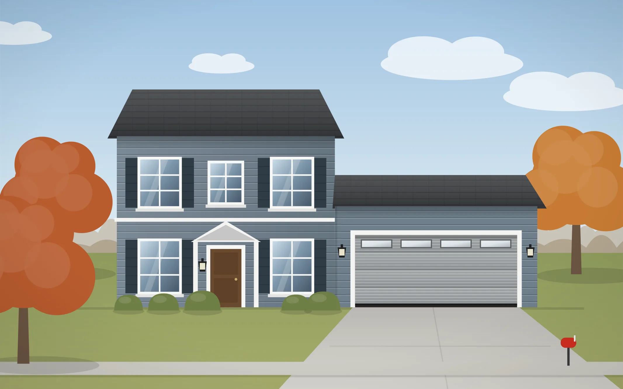 Illustration of a two-story colonial home with a gray ribbed garage door in Wheaton, IL